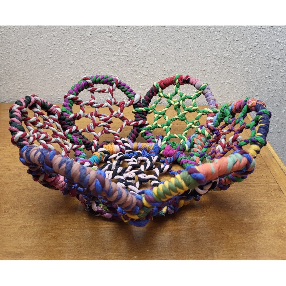 Vtg ‎ Wrapped Twisted Fabric Flower Basket Open Weave Fishermen Net Style Boho